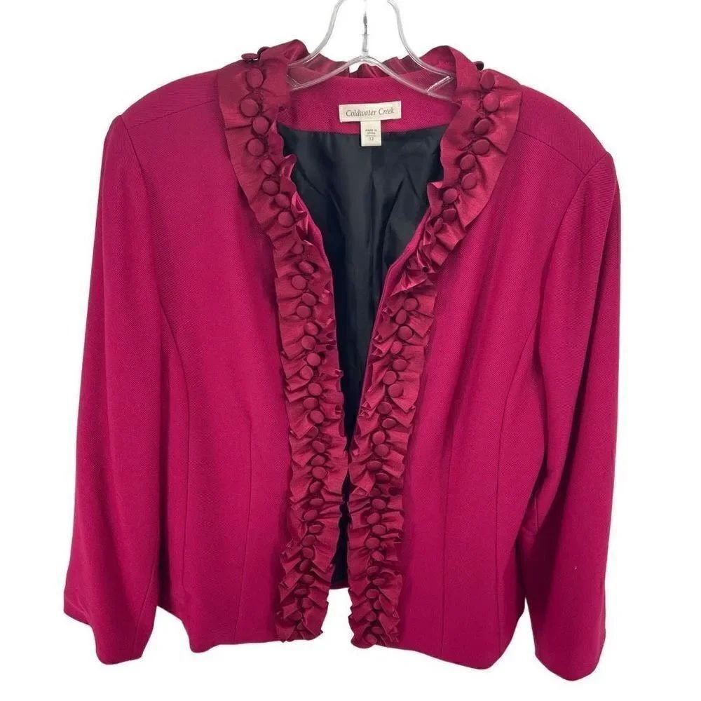 Coldwater Creek Womens Blazer Jacket Button Ruffle Trim Lined Red Size 12